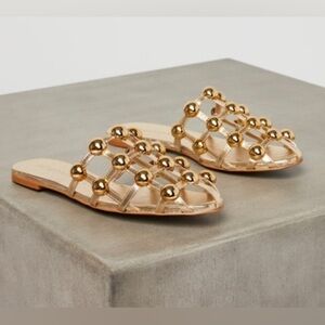 BCBGMAXAZRIA “Tina” Gold Studded Flat Sandals – Size 9
